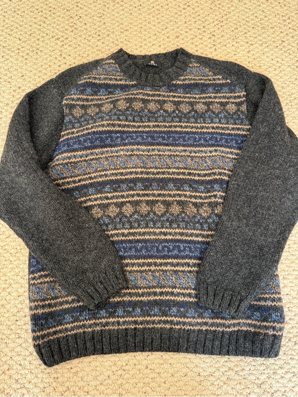Tumi Men's Charcoal Fair Isle Crewneck Sweater - Grey & Blue